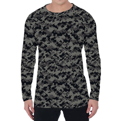 Black And Grey Digital Camo Print Men's Long Sleeve T-Shirt