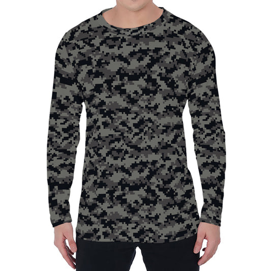 Black And Grey Digital Camo Print Men's Long Sleeve T-Shirt