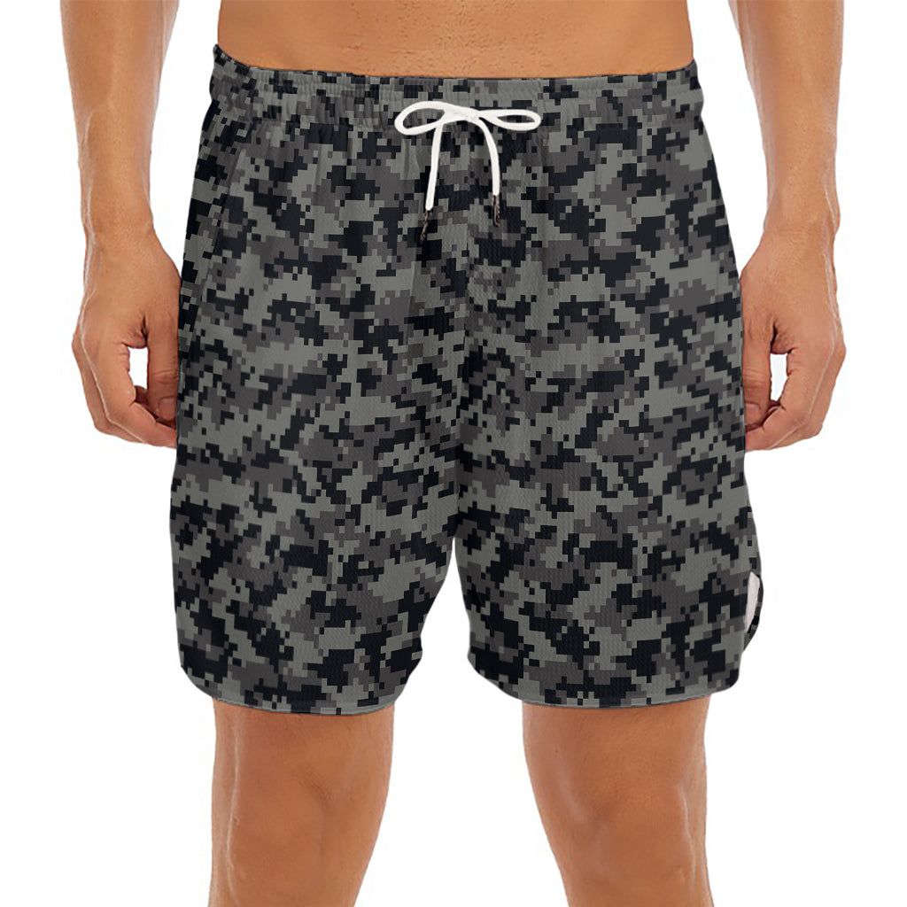 Black And Grey Digital Camo Print Men's Split Running Shorts