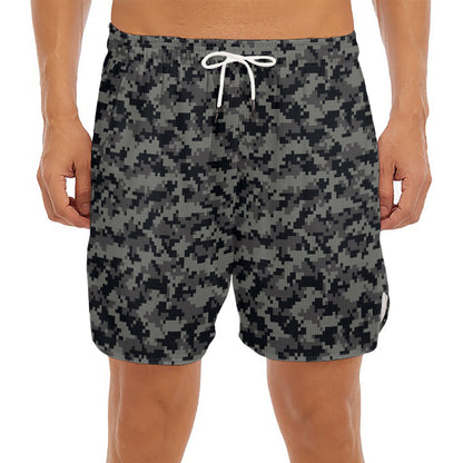 Black And Grey Digital Camo Print Men's Split Running Shorts