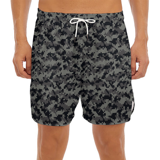 Black And Grey Digital Camo Print Men's Split Running Shorts
