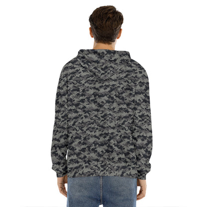 Black And Grey Digital Camo Print Men's Velvet Pullover Hoodie