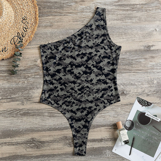Black And Grey Digital Camo Print One Shoulder Bodysuit