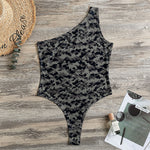 Black And Grey Digital Camo Print One Shoulder Bodysuit
