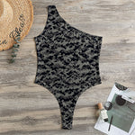 Black And Grey Digital Camo Print One Shoulder Bodysuit