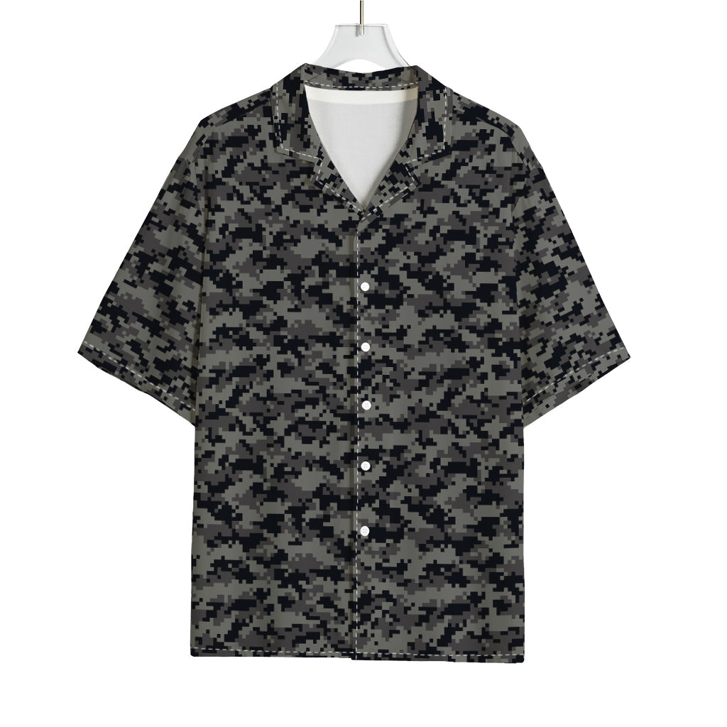 Black And Grey Digital Camo Print Rayon Hawaiian Shirt