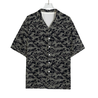 Black And Grey Digital Camo Print Rayon Hawaiian Shirt