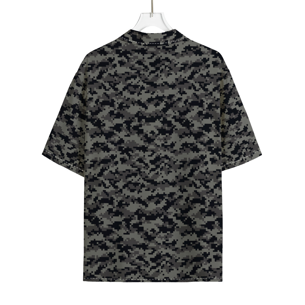 Black And Grey Digital Camo Print Rayon Hawaiian Shirt