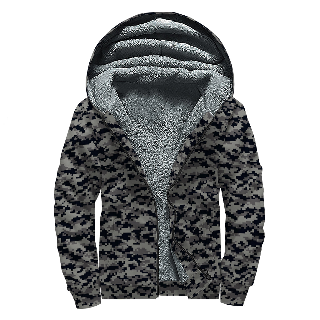 Black And Grey Digital Camo Print Sherpa Lined Zip Up Hoodie