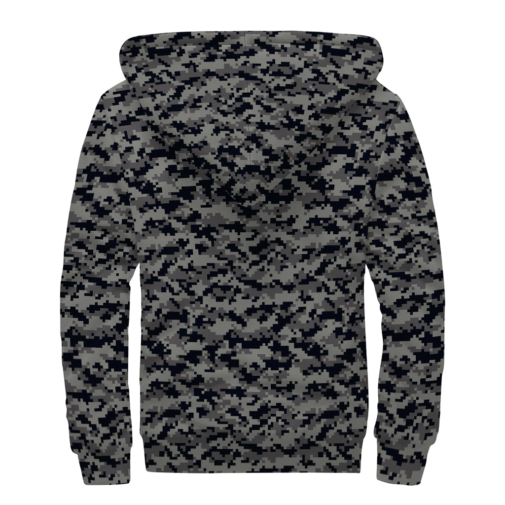 Black And Grey Digital Camo Print Sherpa Lined Zip Up Hoodie