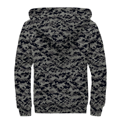 Black And Grey Digital Camo Print Sherpa Lined Zip Up Hoodie