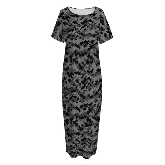 Black And Grey Digital Camo Print Short Sleeve Long Nightdress