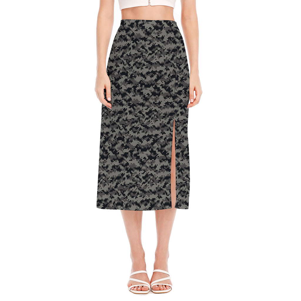 Black And Grey Digital Camo Print Side Slit Midi Skirt