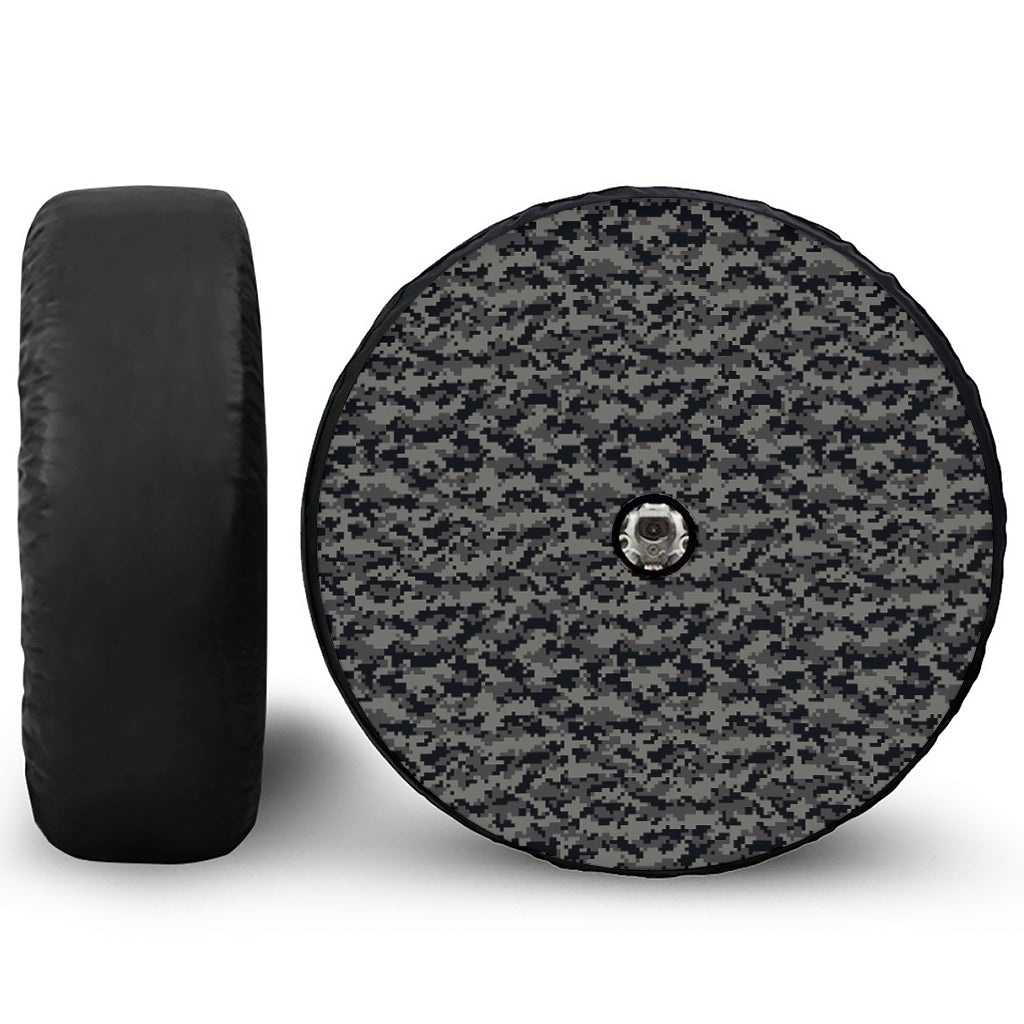 Black And Grey Digital Camo Print Tire Cover With Camera Hole