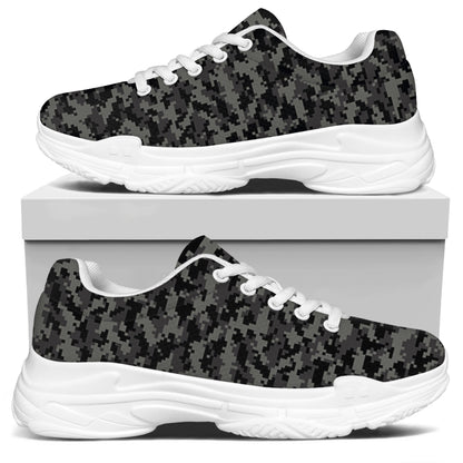 Black And Grey Digital Camo Print White Chunky Shoes