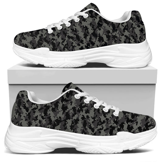 Black And Grey Digital Camo Print White Chunky Shoes