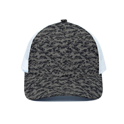 Black And Grey Digital Camo Print White Mesh Trucker Cap