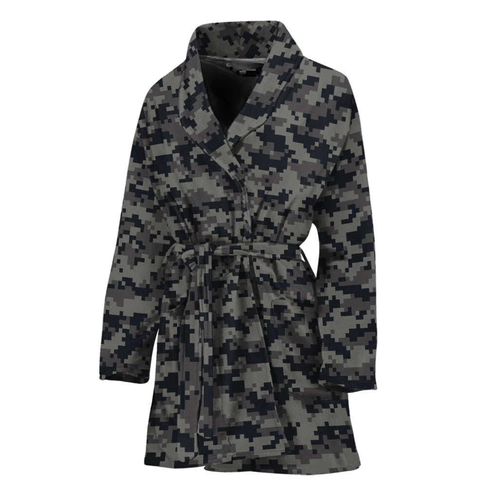 Black And Grey Digital Camo Print Women's Bathrobe