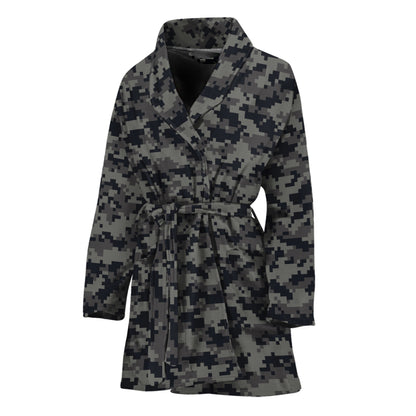 Black And Grey Digital Camo Print Women's Bathrobe