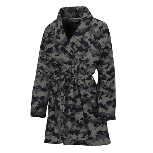 Black And Grey Digital Camo Print Women's Bathrobe