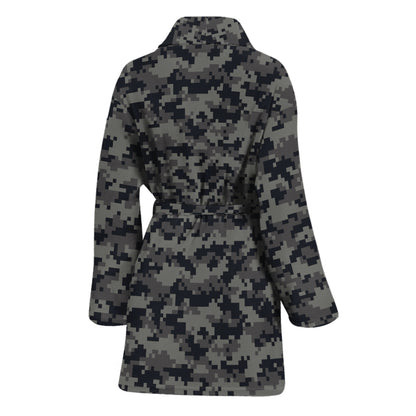 Black And Grey Digital Camo Print Women's Bathrobe