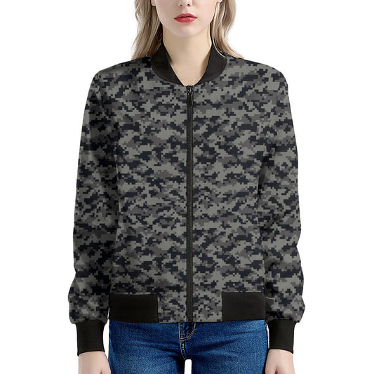 Black And Grey Digital Camo Print Women's Bomber Jacket