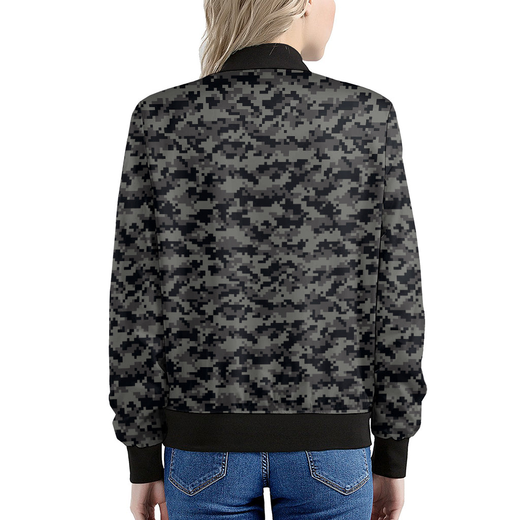 Black And Grey Digital Camo Print Women's Bomber Jacket