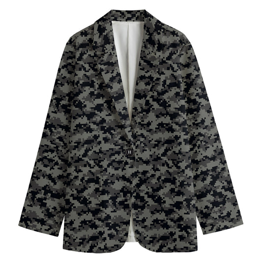 Black And Grey Digital Camo Print Women's Cotton Blazer
