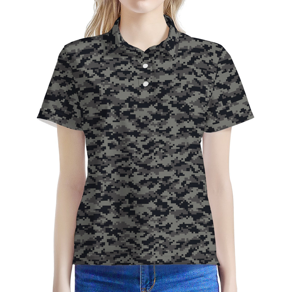 Black And Grey Digital Camo Print Women's Polo Shirt