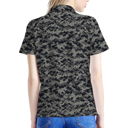 Black And Grey Digital Camo Print Women's Polo Shirt