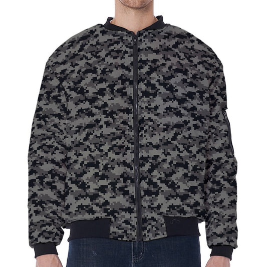 Black And Grey Digital Camo Print Zip Sleeve Bomber Jacket