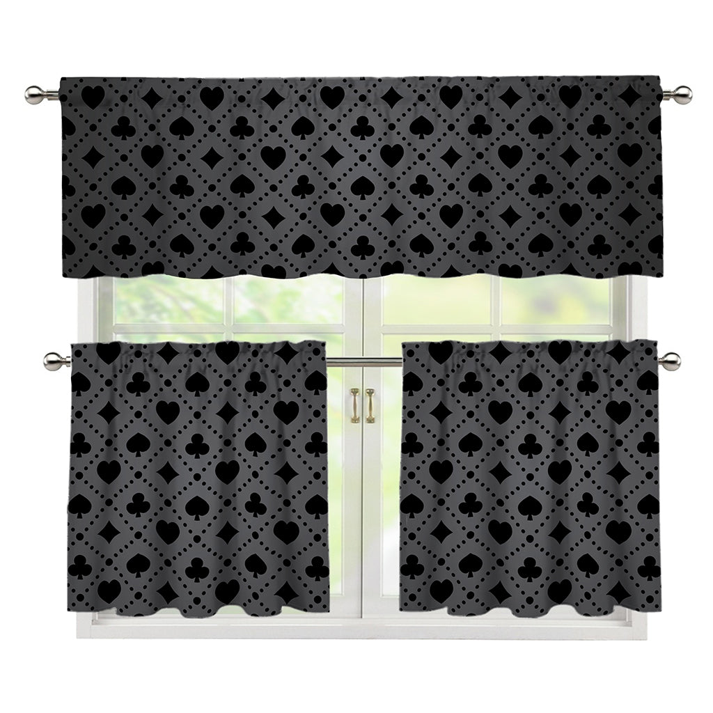 Black And Grey Playing Card Suits Print 3 Piece Kitchen Curtains