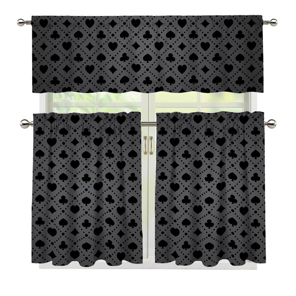 Black And Grey Playing Card Suits Print 3 Piece Kitchen Curtains