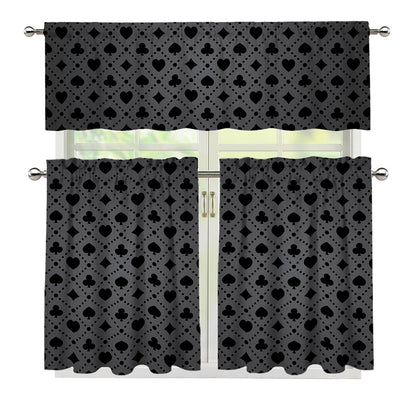 Black And Grey Playing Card Suits Print 3 Piece Kitchen Curtains