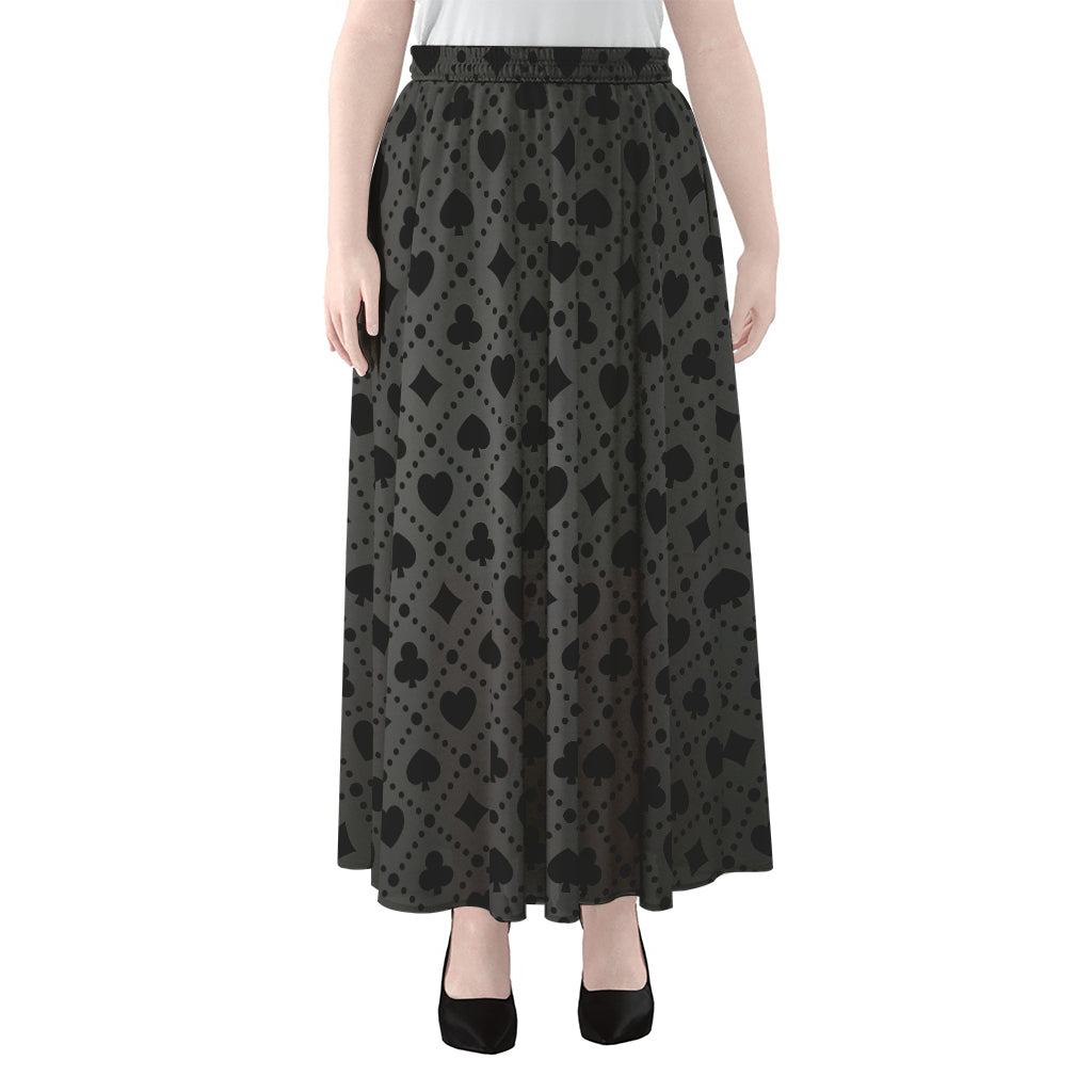 Black And Grey Playing Card Suits Print Chiffon Maxi Skirt