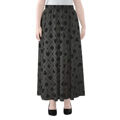 Black And Grey Playing Card Suits Print Chiffon Maxi Skirt