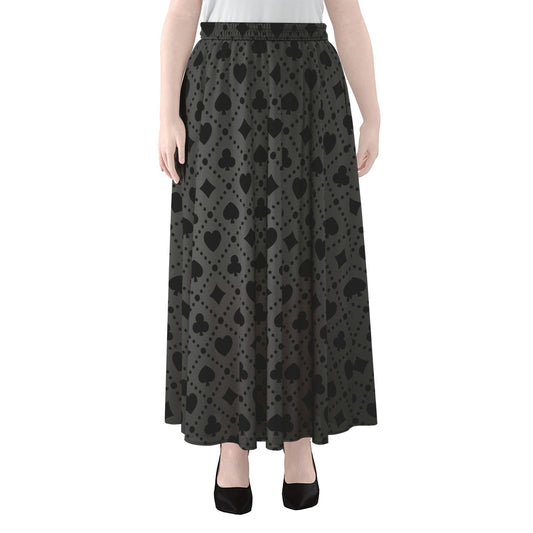 Black And Grey Playing Card Suits Print Chiffon Maxi Skirt