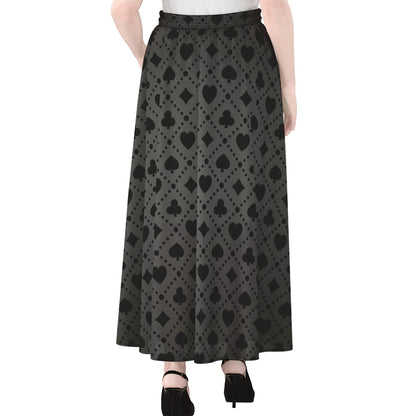 Black And Grey Playing Card Suits Print Chiffon Maxi Skirt