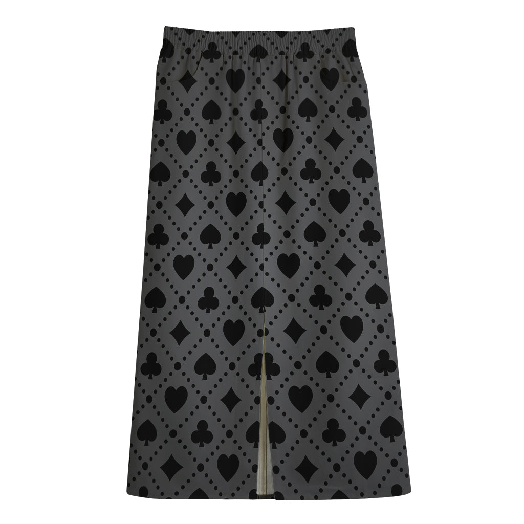 Black And Grey Playing Card Suits Print Cotton Front Slit Maxi Skirt