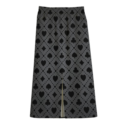 Black And Grey Playing Card Suits Print Cotton Front Slit Maxi Skirt