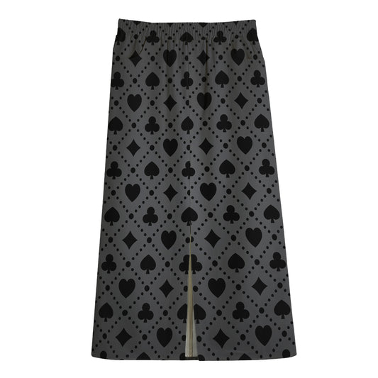 Black And Grey Playing Card Suits Print Cotton Front Slit Maxi Skirt