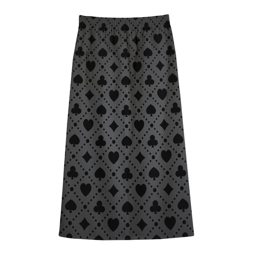 Black And Grey Playing Card Suits Print Cotton Front Slit Maxi Skirt