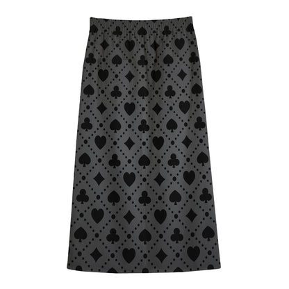 Black And Grey Playing Card Suits Print Cotton Front Slit Maxi Skirt