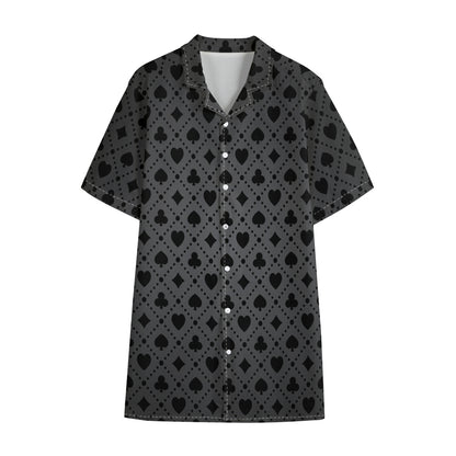 Black And Grey Playing Card Suits Print Cotton Hawaiian Shirt
