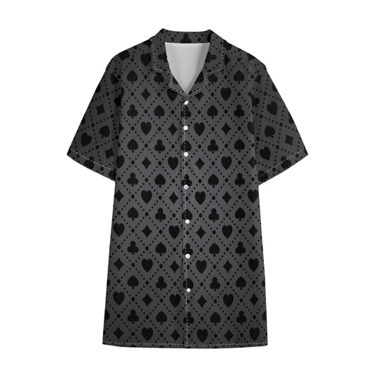 Black And Grey Playing Card Suits Print Cotton Hawaiian Shirt