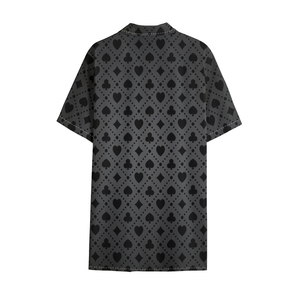 Black And Grey Playing Card Suits Print Cotton Hawaiian Shirt