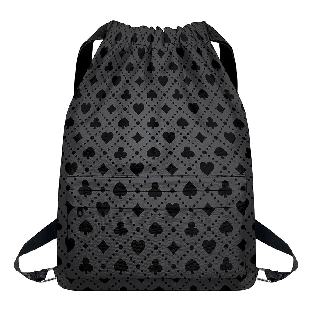 Black And Grey Playing Card Suits Print Drawstring Backpack