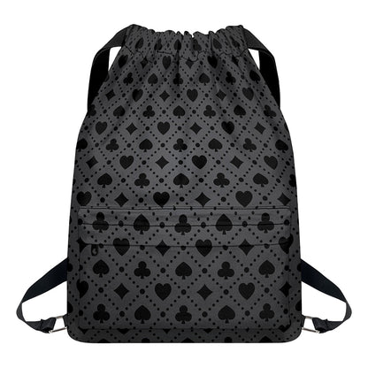 Black And Grey Playing Card Suits Print Drawstring Backpack