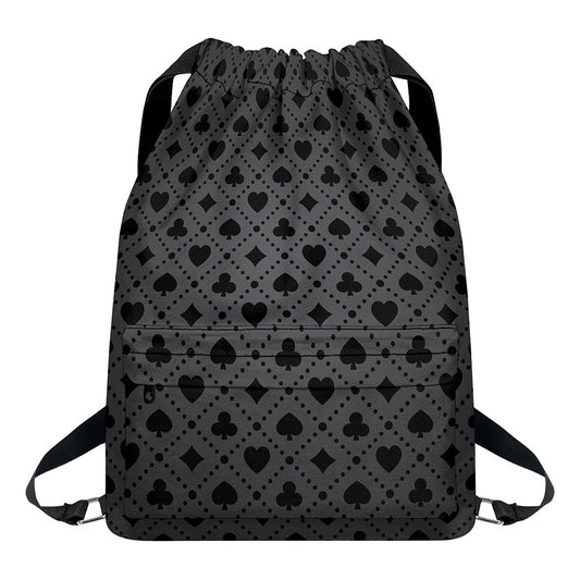 Black And Grey Playing Card Suits Print Drawstring Backpack