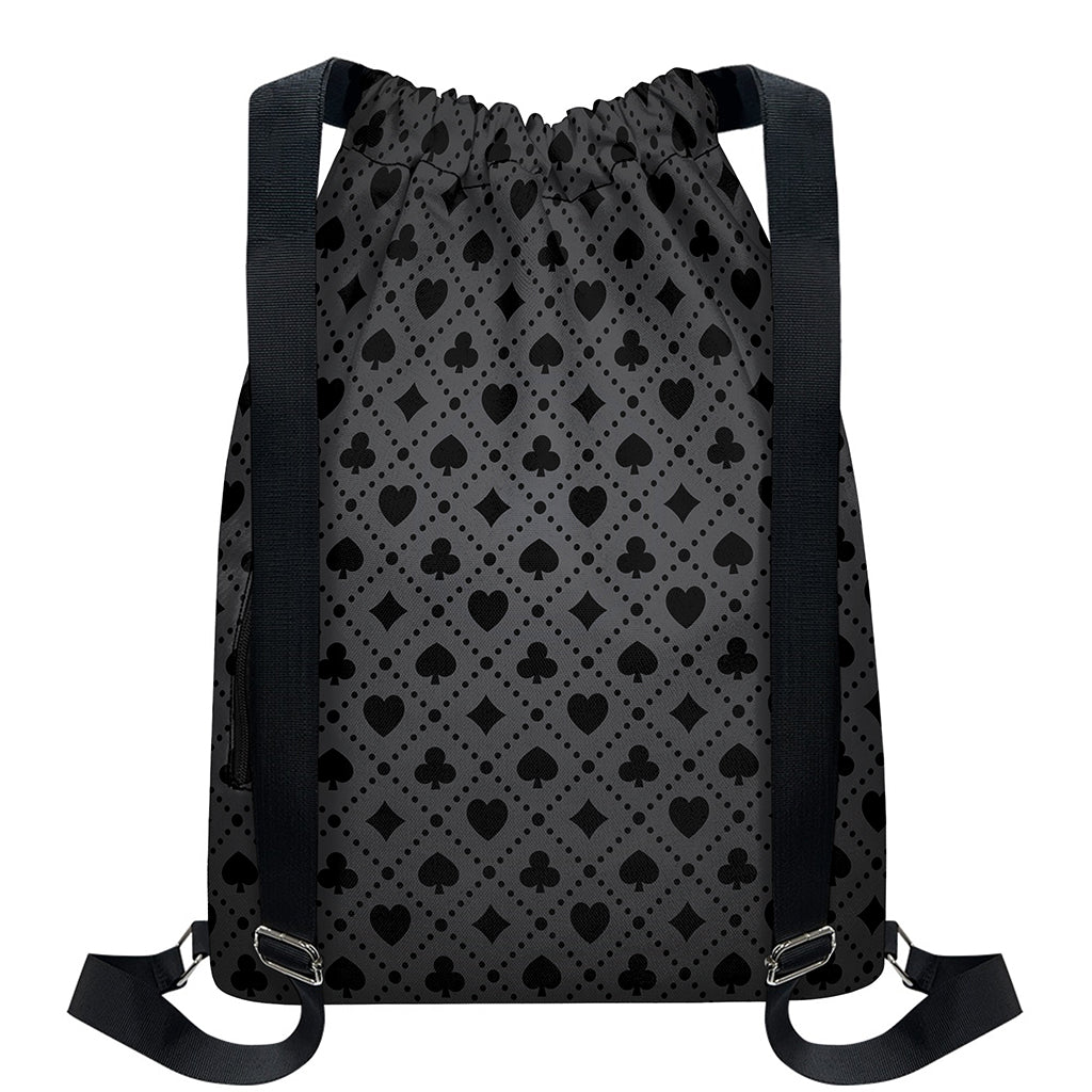 Black And Grey Playing Card Suits Print Drawstring Backpack